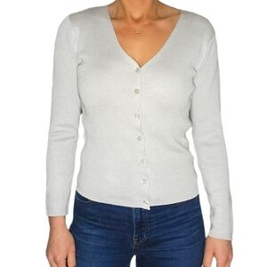 Clio Silk Cotton Metallic Mix Cardigan Size Medium Grey Silver Button up